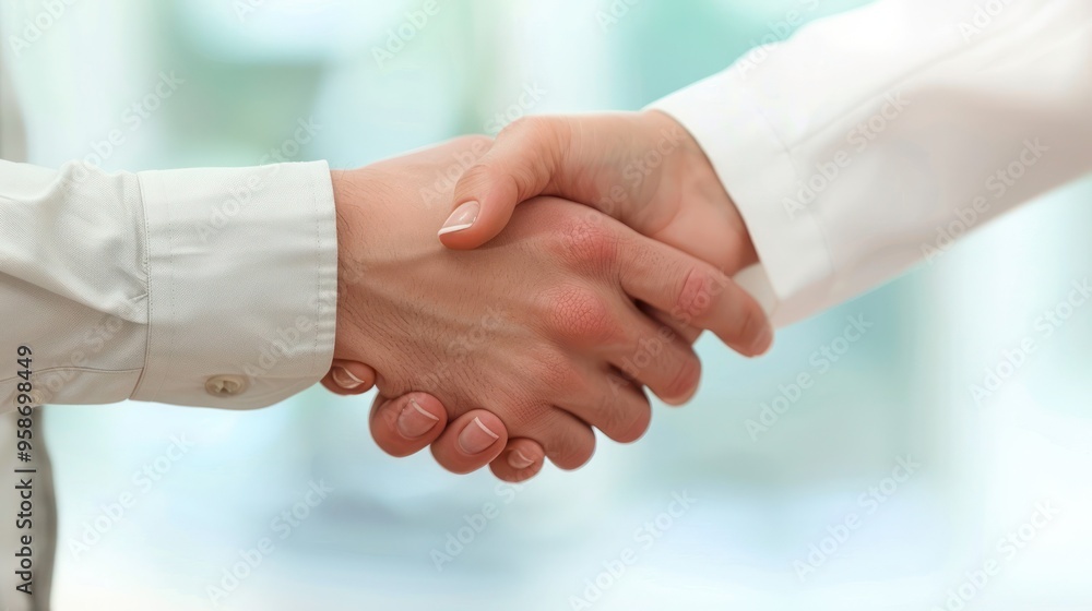 Close-up of hands shaking between a business consultant and a client. Close-up of hands shaking between a business consultant and a client.