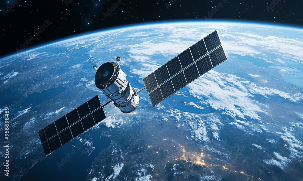 A satellite orbits Earth, its solar panels catching the sun's rays. The blue planet below is a breathtaking sight. A satellite orbits Earth, its solar panels catching the sun's rays. The blue planet below is a breathtaking sight.