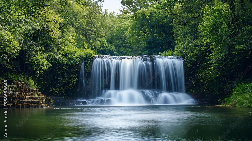 Fototapeta premium Captivating Waterfall Nestled in Lush Green Forest Landscape