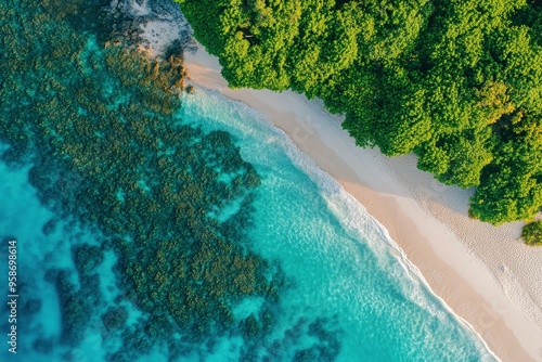 an aerial view of a sandy beach surrounded by trees