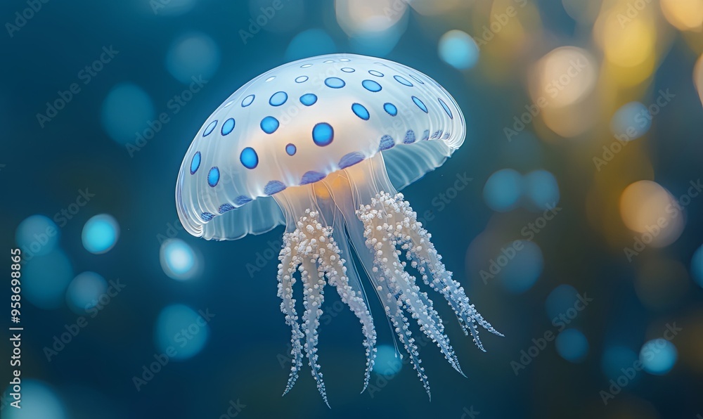 A spotted jellyfish floats gracefully in a blue ocean, with a bokeh background of golden lights. A spotted jellyfish floats gracefully in a blue ocean, with a bokeh background of golden lights.