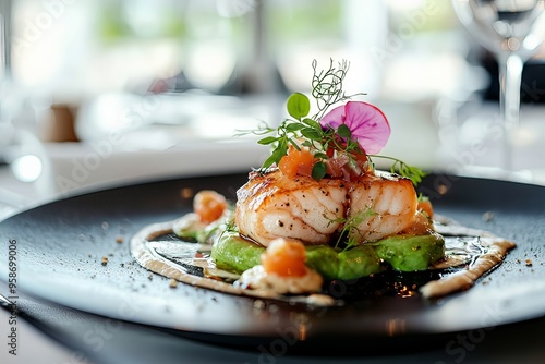 Close up of a beautifully plated gourmet seafood dish with vibrant garnishes and elegant presentation