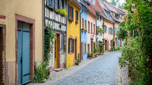 Fototapeta Naklejka Na Ścianę i Meble -  Charming Cobblestone Streets of a Historic European Village in Summertime
