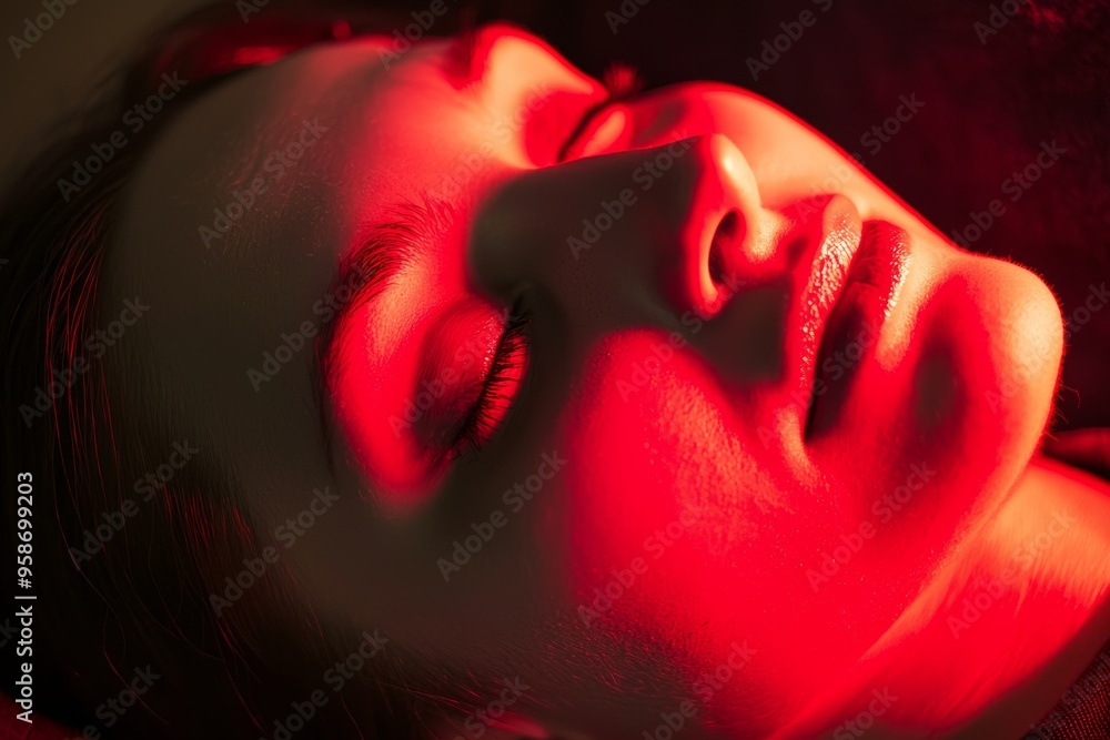 Beauty spa client wearing an illuminated red mask during a rejuvenating treatment in the dark Beauty spa client wearing an illuminated red mask during a rejuvenating treatment in the dark
