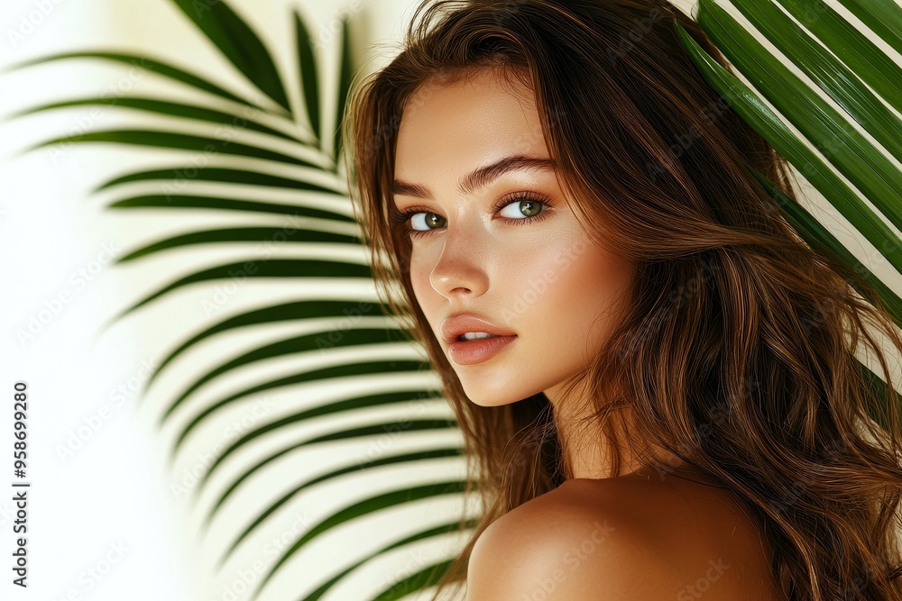 Beautiful young woman posing with a green leaf near her face and body. Close-up shot of a girl's face surrounding by a green leaf. White model with clean, health skin posing in a studio. Beautiful young woman posing with a green leaf near her face and body. Close-up shot of a girl's face surrounding by a green leaf. White model with clean, health skin posing in a studio.