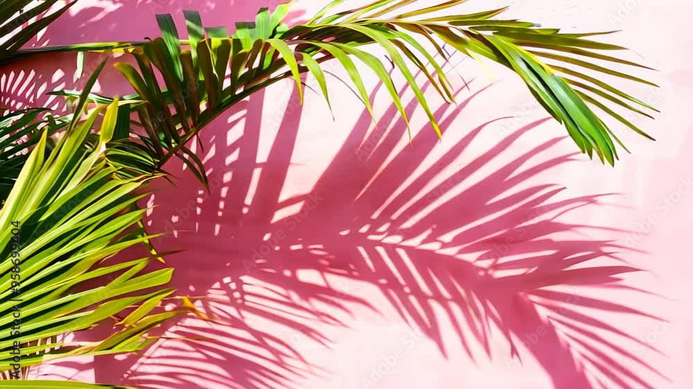 A vivid close-up of a tropical palm leaf against a textured pink wall. green fronds cast intricate shadows, enhancing the relaxing, summery vibe and natural beauty.