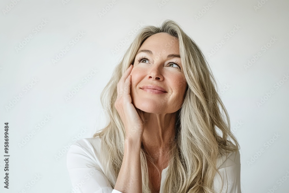 Fototapeta premium Beautiful blond hairdo elder lady's hands and chin look empty without clothes against white background