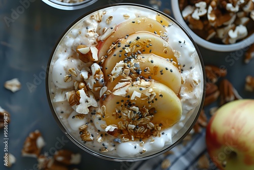 A delicious yogurt parfait topped with fresh apple slices, granola, and seeds, creating a healthy and appetizing snack. Ideal for food blogs, healthy eating promotions, or breakfast recipe ideas.