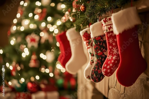 Red and Green Christmas Stockings Hanging on a Fireplace Mantle photo