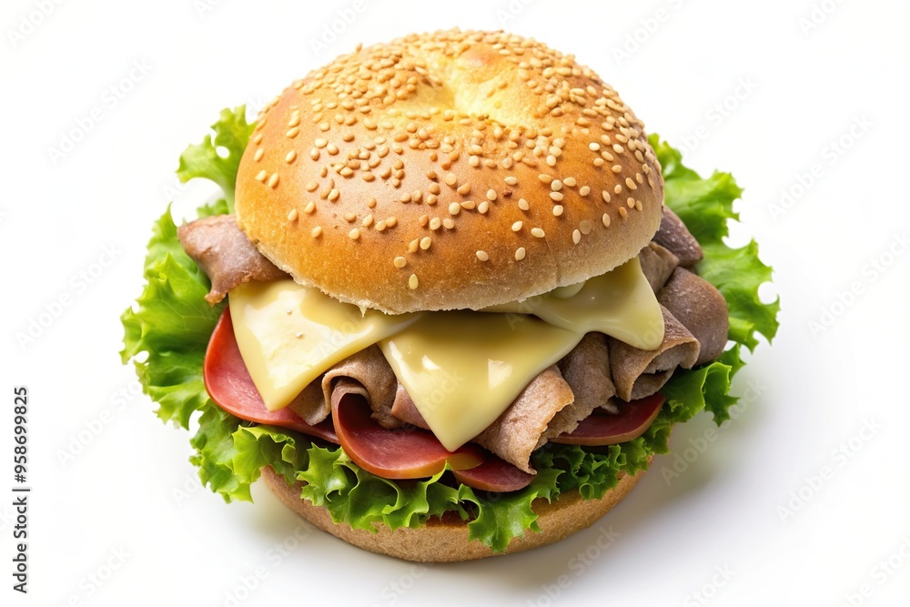 lettuce, deli, appetizing, Roast beef sandwich roll with burger sauce Emmental cheese and lettuce in a sesame seed topped bread bun isolated on a white background Bird s Eye View lettuce, deli, appetizing, Roast beef sandwich roll with burger sauce Emmental cheese and lettuce in a sesame seed topped bread bun isolated on a white background Bird s Eye View