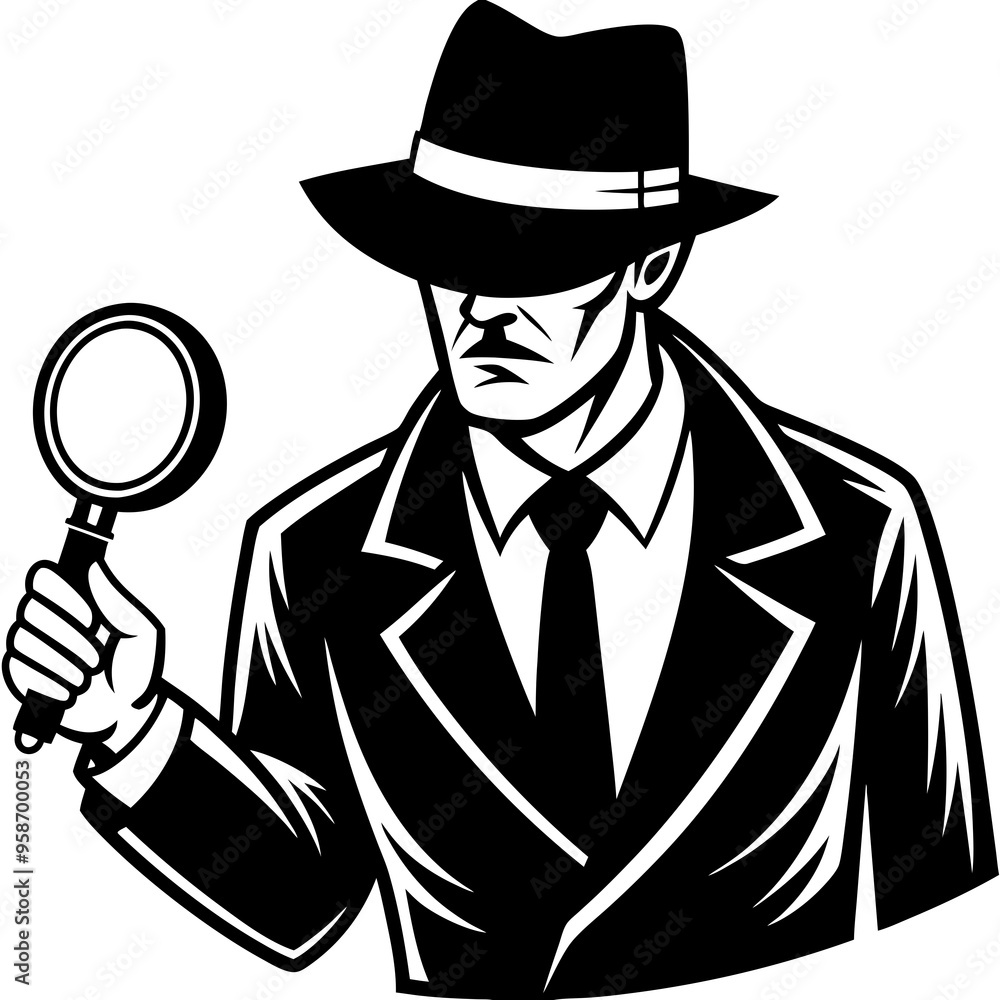 Private agency detective with a magnifying glass silhouette on a white background Private agency detective with a magnifying glass silhouette on a white background