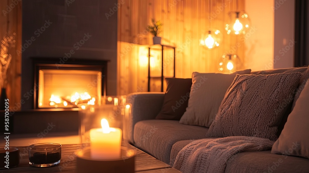Cozy and inviting living room interior with a warm fireplace for relaxation and comfort Cozy and inviting living room interior with a warm fireplace for relaxation and comfort