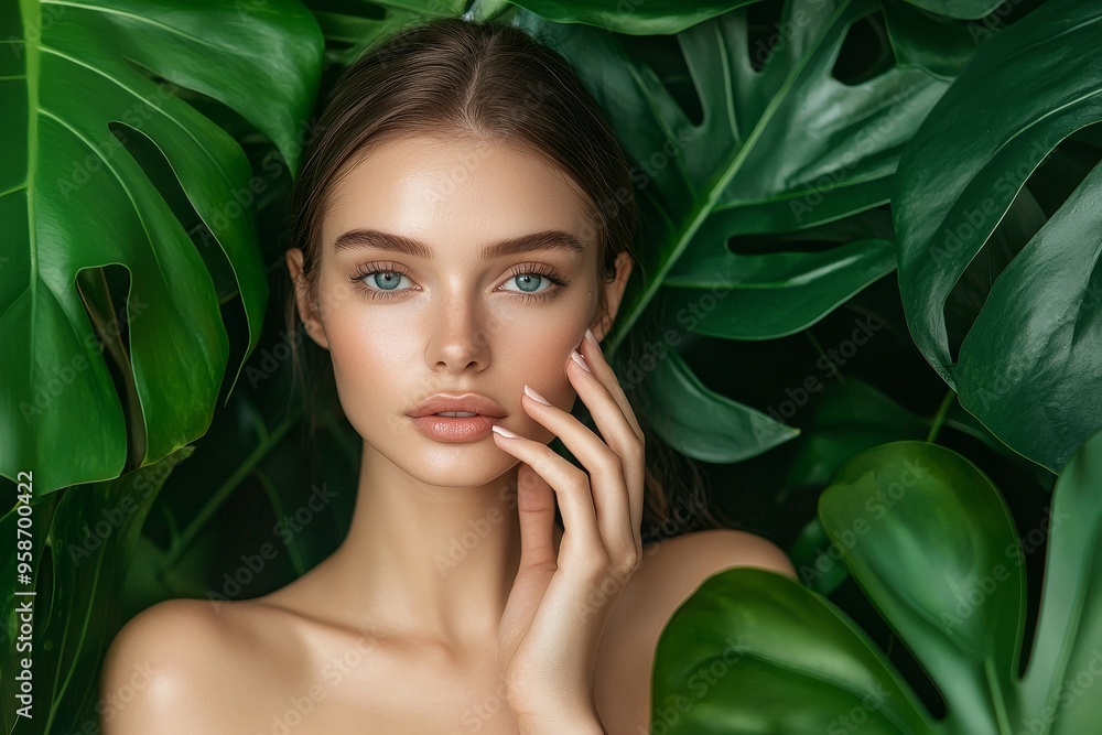 A young and beautiful woman with perfect smooth skin poses in a tropical leaf field A young and beautiful woman with perfect smooth skin poses in a tropical leaf field