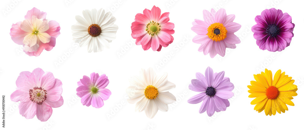 Fototapeta premium Top view, collection of colorful flowers isolate on transparent background, cutout, png