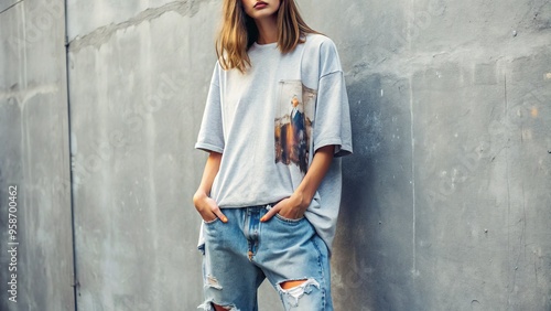 Relaxed individual wearing oversized, distressed denim jeans and a loose-fitting, faded graphic t-shirt, epitomizing photo