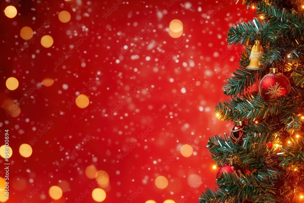 Decorated Christmas Tree Branch with Red and Gold Ornaments Against a Red Bokeh Background Decorated Christmas Tree Branch with Red and Gold Ornaments Against a Red Bokeh Background