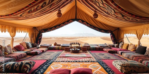 Fototapeta Naklejka Na Ścianę i Meble -  Inside a traditional desert tent with a view of sand dunes.