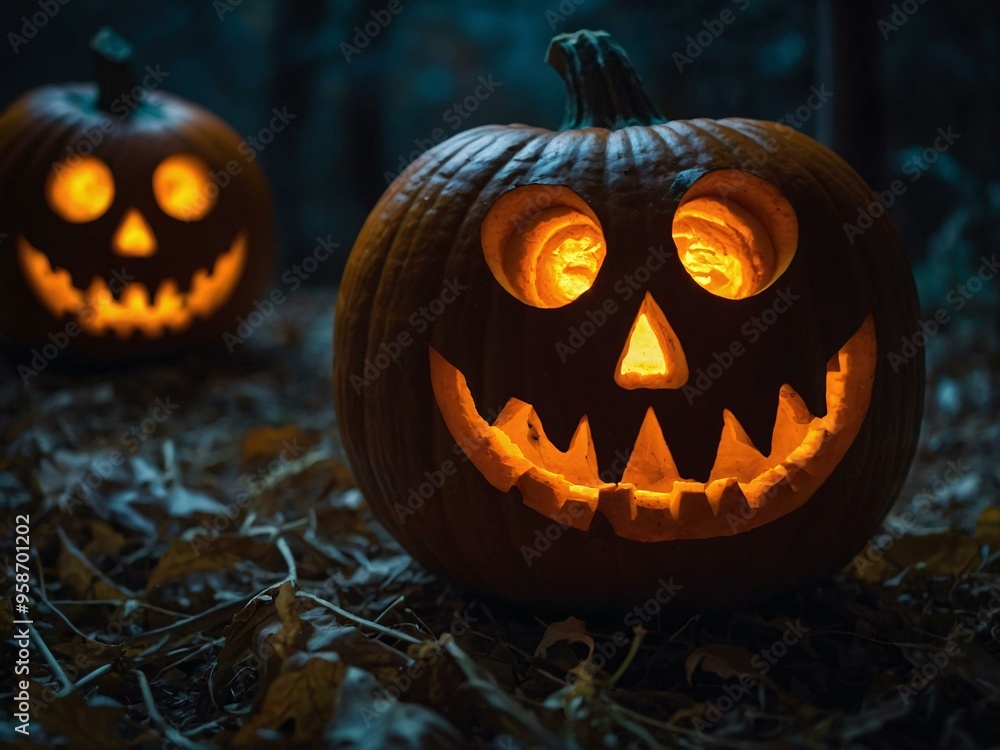 Spooky Halloween pumpkin with glowing eyes, perfect for a haunted setting. Spooky Halloween pumpkin with glowing eyes, perfect for a haunted setting.