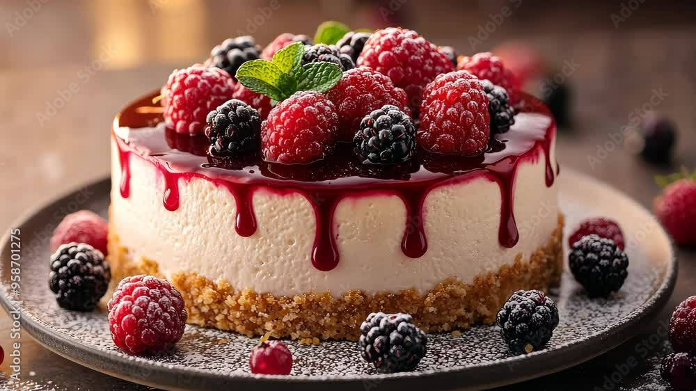 Delicious berry cheesecake dripping with sauce Delicious berry cheesecake dripping with sauce