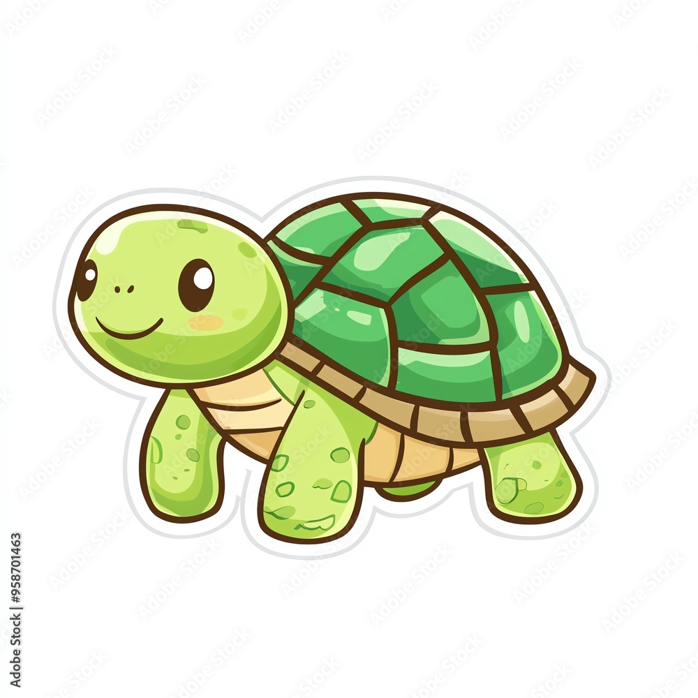 Fototapeta premium A cute cartoon turtle with a smiling face and green shell, perfect for children's illustrations and playful designs.