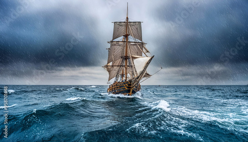 Altes Segelschiff, Windjammer auf dem Meer bei rauher See, Generative AI