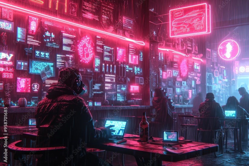 A scene of a cyberpunk cafe where patrons are trading cryptocurrencies, neon lights and futuristic ambiance A scene of a cyberpunk cafe where patrons are trading cryptocurrencies, neon lights and futuristic ambiance