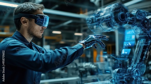 An engineer wearing virtual reality goggles interacts with a robotic arm, fine-tuning its operations in a high-tech industrial workshop filled with advanced machinery photo