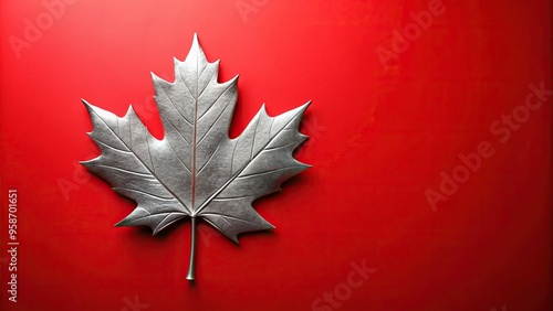 silver, close-up, foliage, iconic, isolated, nature, national symbol, medium shot, Canadian, shiny, A medium shot of a silver Canadian maple leaf on a red background with ample copy space photo