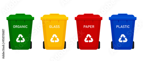 Plastic trash cans with texts. Vactor illustration. Isolated on a white background. Vector illustration in flat style.	
