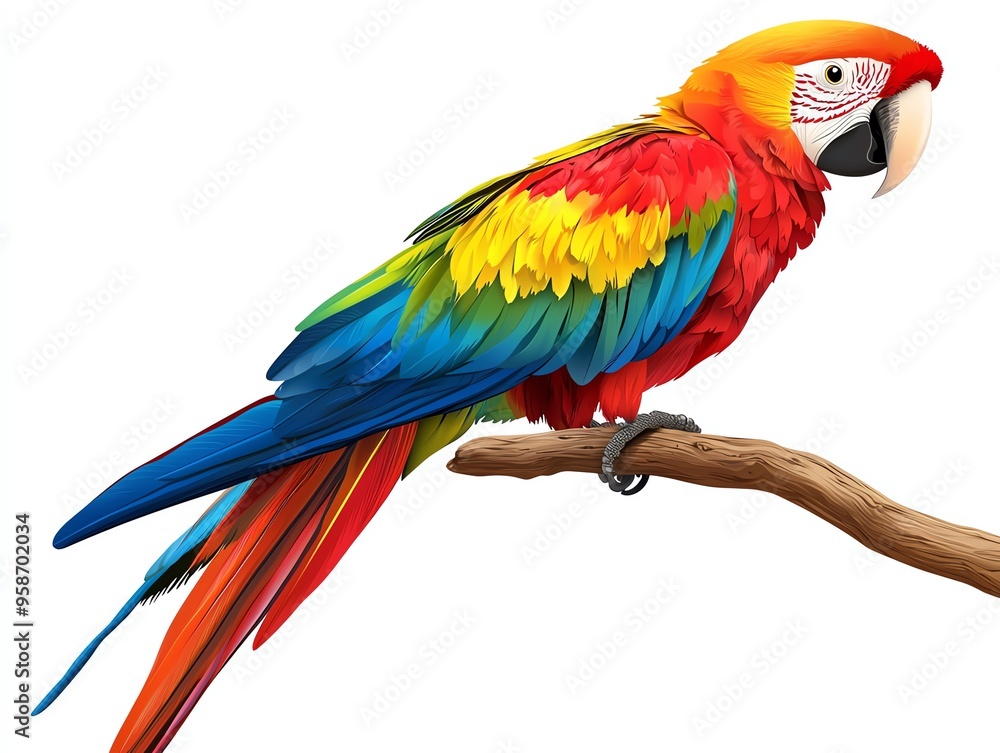 Fototapeta premium A vibrant and colorful parrot perched on a branch, showcasing stunning plumage of red, blue, green, and yellow feathers.