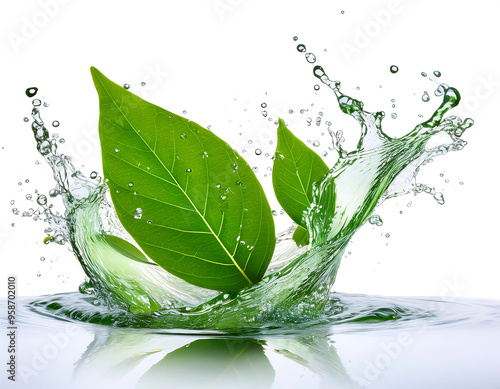  Fresh Green Leaves Splashing with Water, Isolated- Crisp green leaves splashing through wat_1(91)