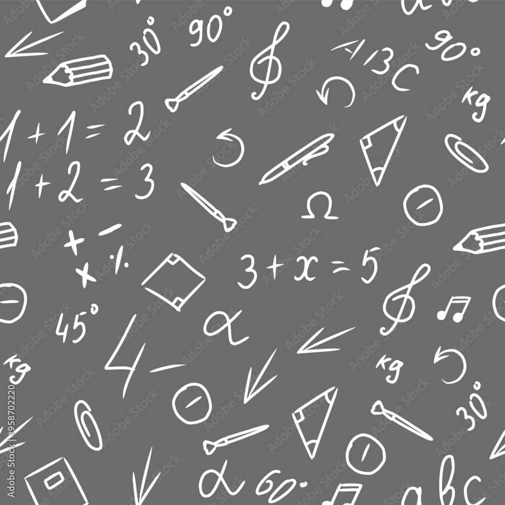 school background, seamless texture on a school theme. vector illustration of various stationery, notebooks, geometric shapes, numbers and signs on a blackboard. back to school. hand-drawn school background, seamless texture on a school theme. vector illustration of various stationery, notebooks, geometric shapes, numbers and signs on a blackboard. back to school. hand-drawn