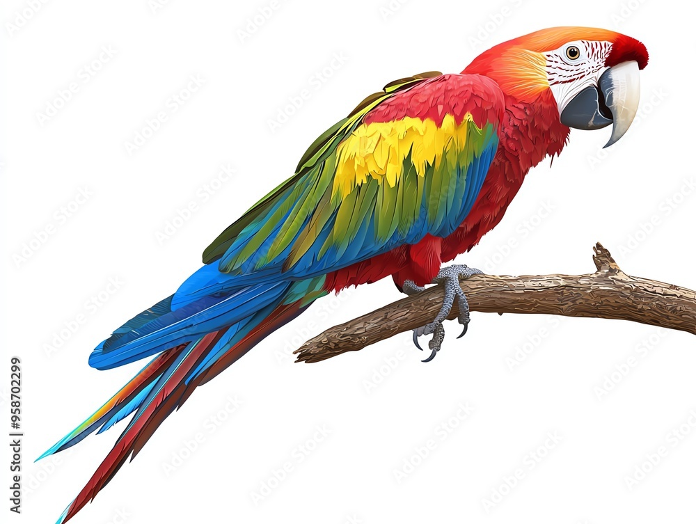 Fototapeta premium A vibrant parrot perched on a branch, showcasing its stunning red, yellow, and blue feathers in a natural setting.