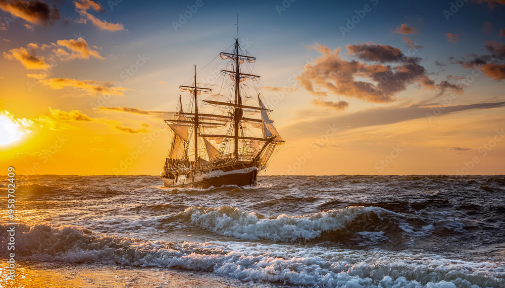 Fototapeta premium Altes Segelschiff, Windjammer auf dem Meer bei rauher See im Sonnenuntergang, Generative AI