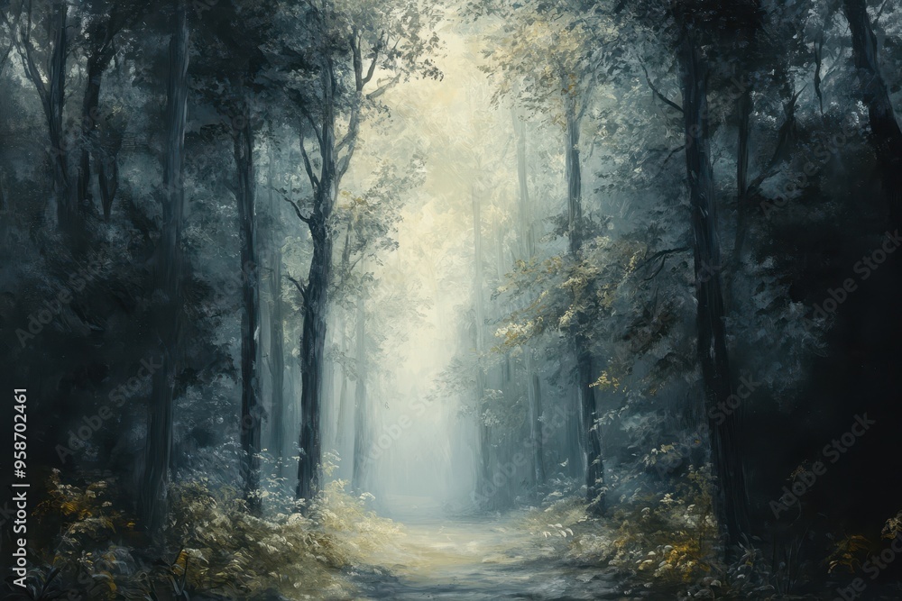 Fototapeta premium A Misty Forest Path with Sunbeams Filtering Through the Canopy