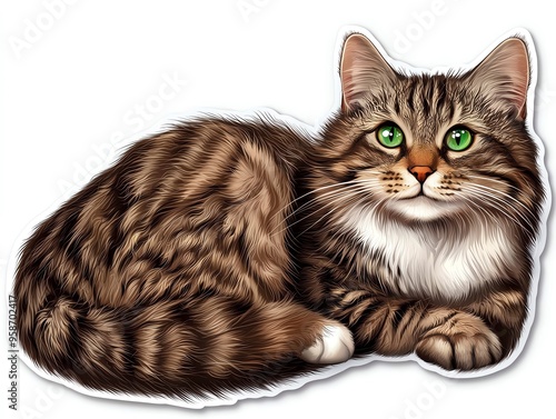 Adorable artistic illustration of a brown striped cat with bright green eyes, perfect for pet lovers and animal enthusiasts. photo