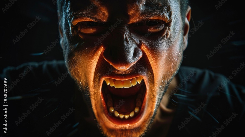 A dramatic image of a man shouting with intense facial expression, yellowish teeth, and flushed face against a dark background, creating an unsettling atmosphere. A dramatic image of a man shouting with intense facial expression, yellowish teeth, and flushed face against a dark background, creating an unsettling atmosphere.