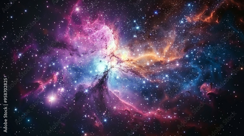 Obraz premium A vivid space image shows a glowing nebula surrounded by a multitude of diverse stars in blue, purple, pink, and red hues. The vast cosmic landscape evokes the infinite beauty of the universe.