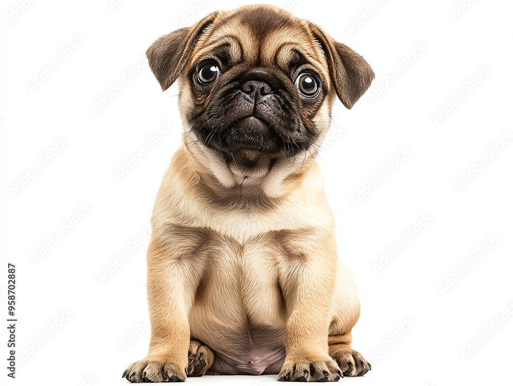 Obraz premium Adorable pug puppy sitting down, showcasing large eyes and a charming expression, perfect for pet lovers and animal enthusiasts.