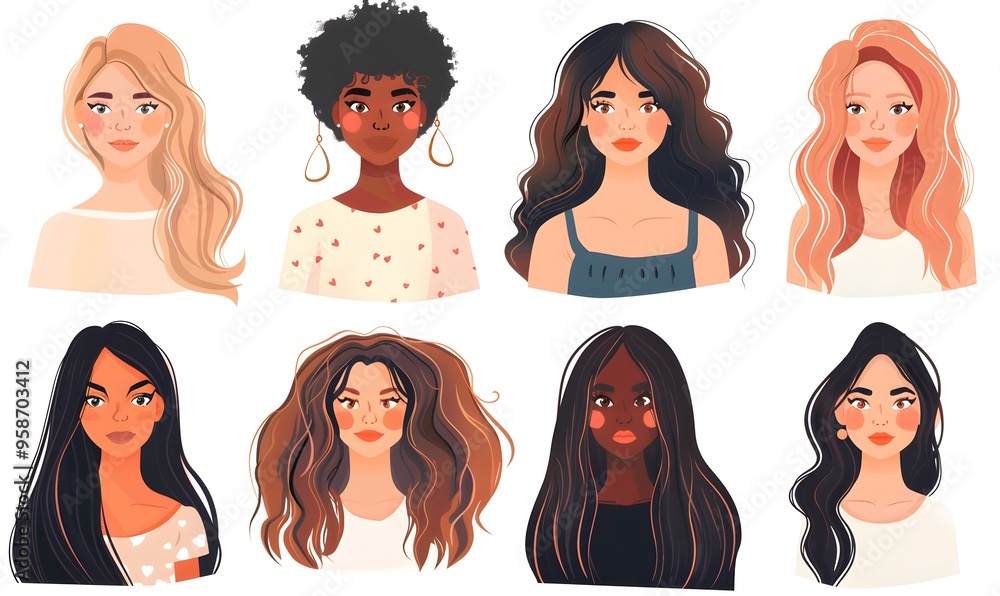 Portrait of Women with Different Hair set isolated Portrait of Women with Different Hair set isolated