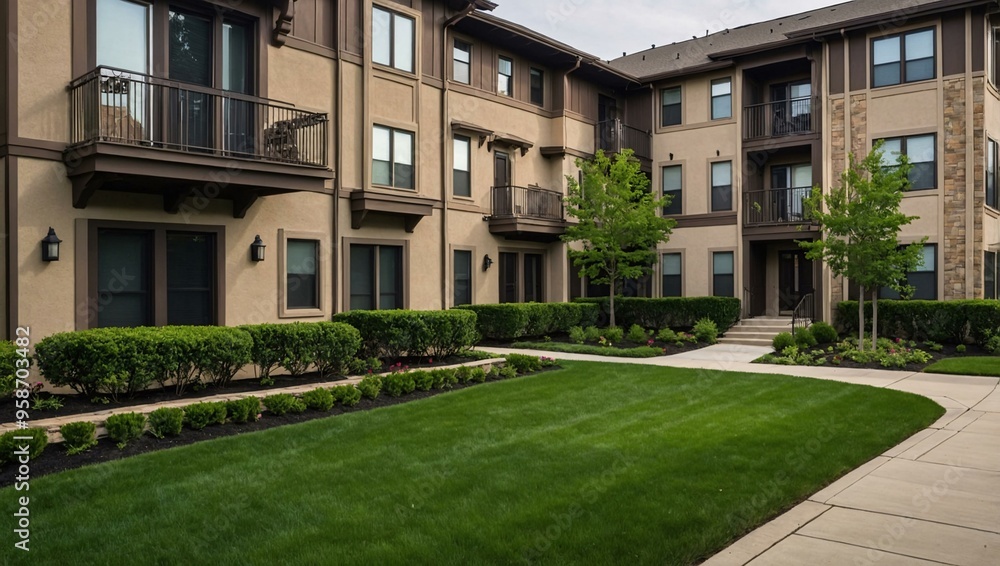 Stone facade townhomes with ornate balconies and manicured lawns, reflecting upscale sophistication. Stone facade townhomes with ornate balconies and manicured lawns, reflecting upscale sophistication.
