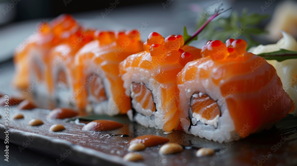 Luxury salmon sushi roll nigiri seafood freshness fish gourmet japanese food decorated in plate in fine dining course restaurant, healthy eating meal japanese culture healthy lifestyle food and drink Luxury salmon sushi roll nigiri seafood freshness fish gourmet japanese food decorated in plate in fine dining course restaurant, healthy eating meal japanese culture healthy lifestyle food and drink