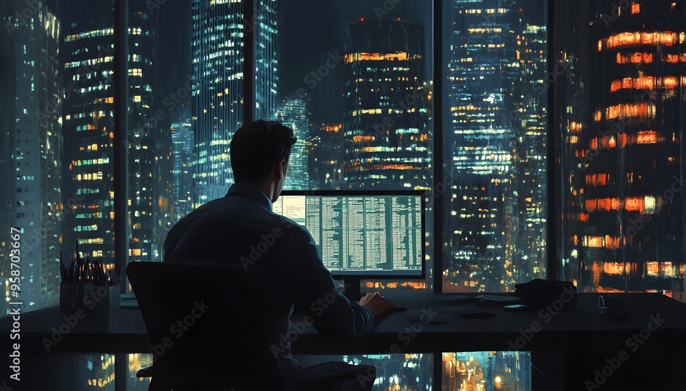 Man working at a desk overlooking a nighttime cityscape Man working at a desk overlooking a nighttime cityscape