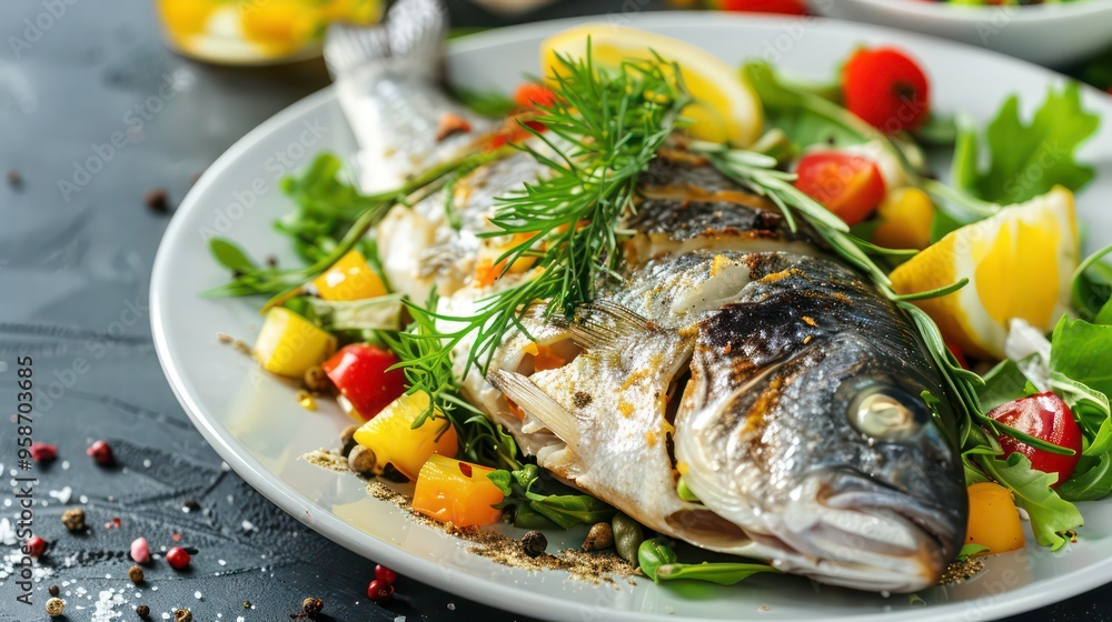 Closeup of a grilled fish on a white plate with lemon wedges and vegetables. Closeup of a grilled fish on a white plate with lemon wedges and vegetables.