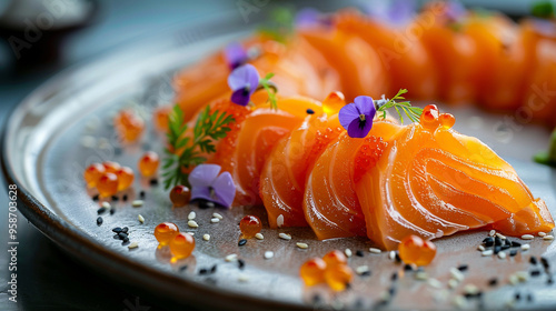 Freshness salmon sashimi sushi fish wasabi japanese food meal decoreated plate in fine dining restaurant course, healthy eating seafood raw food gourmet delicious elegant japan tradition cookery photo