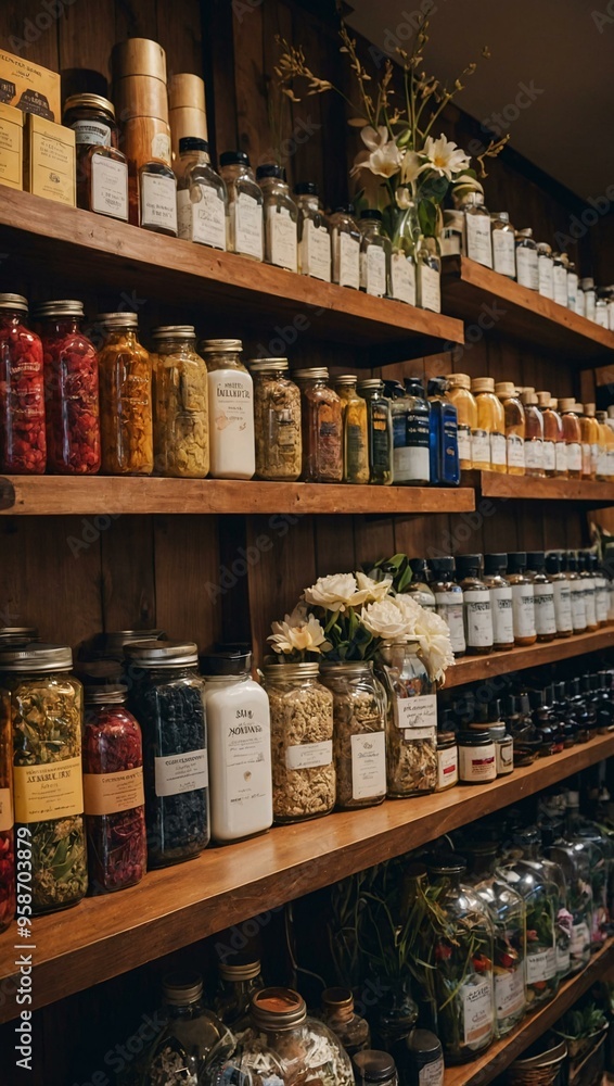 Store shelves stocked with products, including a vase of flowers on top. Store shelves stocked with products, including a vase of flowers on top.