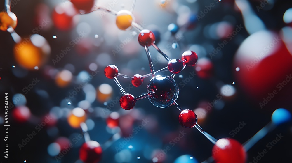 9. 3D model of an atom embedded in a complex nutrient molecule with energetic bonds 9. 3D model of an atom embedded in a complex nutrient molecule with energetic bonds