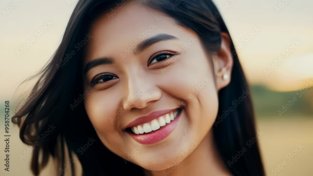 A close-up portrait of a young woman with a warm smile and long, dark hair, set against a soft, blurred sunset background. A close-up portrait of a young woman with a warm smile and long, dark hair, set against a soft, blurred sunset background.