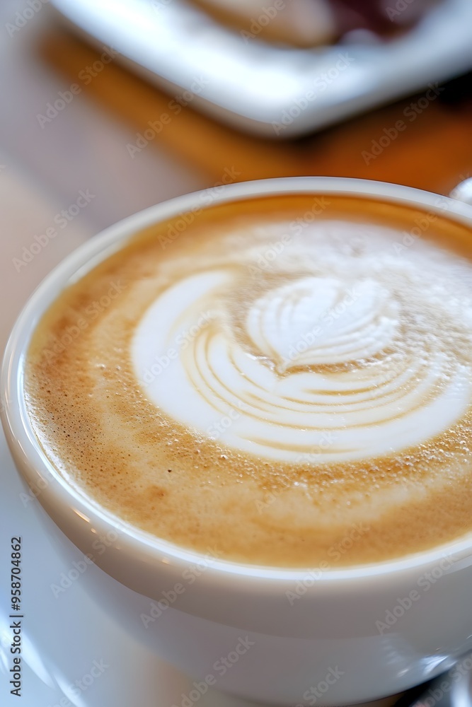 Frothy Australian Flat White in Ceramic Cup with Latte Art in Modern Cafe Setting Frothy Australian Flat White in Ceramic Cup with Latte Art in Modern Cafe Setting