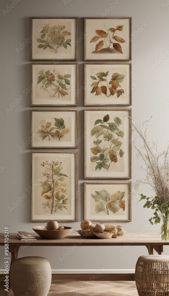 a collection of nine framed botanical illustrations arranged in a three-by-three grid on a wall. Each frame contains a different plant specimen with detailed leaves and stems, depicted in a vintage s a collection of nine framed botanical illustrations arranged in a three-by-three grid on a wall. Each frame contains a different plant specimen with detailed leaves and stems, depicted in a vintage s